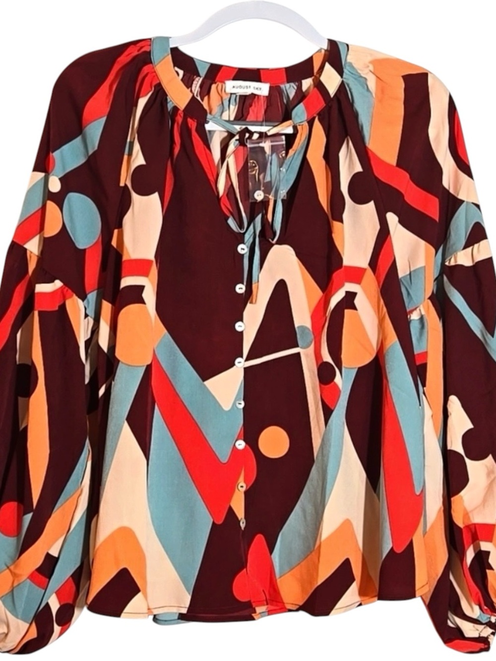 Geo Abstract Printed Button Down Vneck Bubble Sleeve Blouse, SMALL, NWT! 🏷️